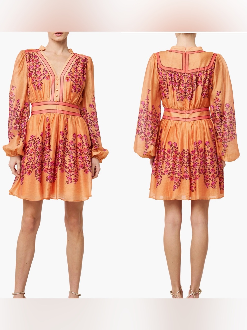 Ciebon Leeana Floral Long Sleeve Mini Dress Orange Womens Large Linen Blend